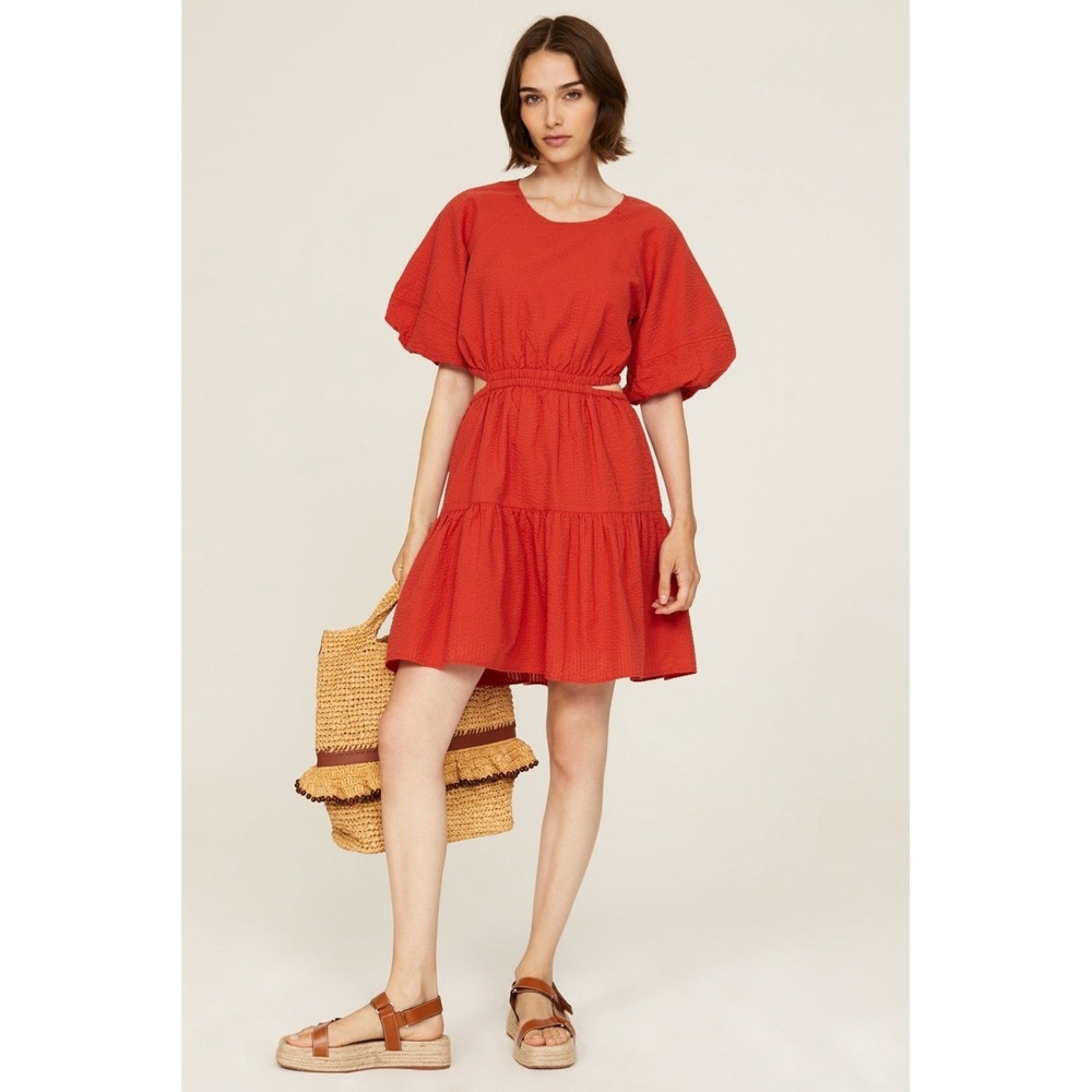 Madewell Seersucker Puff-Sleeve Cutout‎ Mini Dress Large Fresh Chili Mod Retro